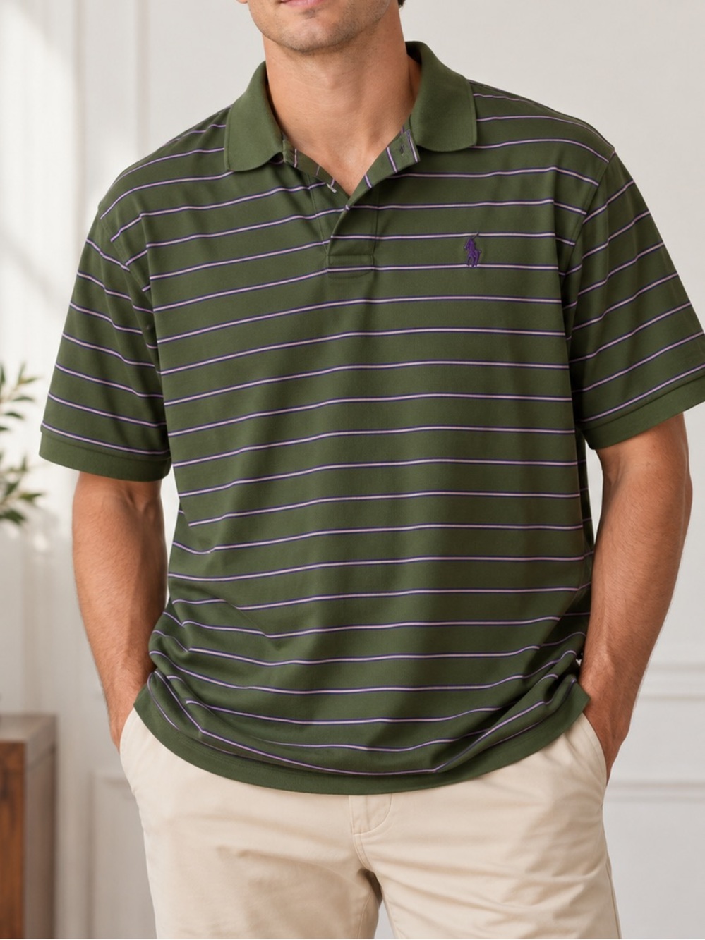 Polo Ralph Lauren Men’s XXL Olive Green Purple Striped Cotton Polo Shirt Pony